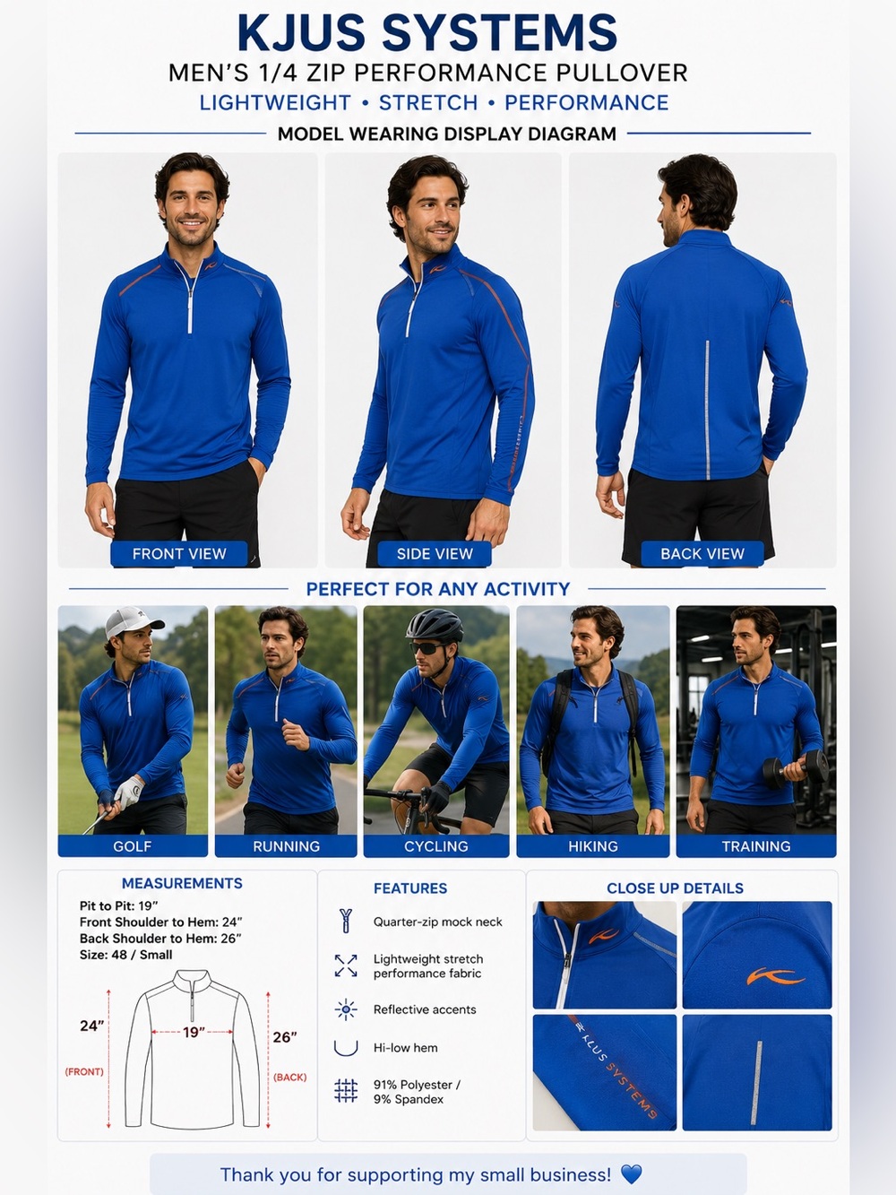 KJUS Systems Men's Blue 1/4 Zip Performance Pullover Long Sleeve Size S